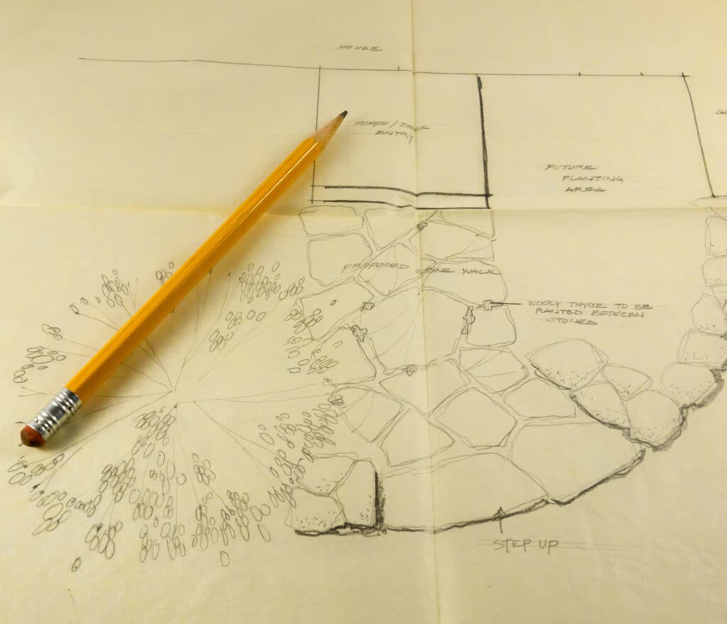 Landscape Planning. Working on a blue print for a houses front garden. landscapers jobs during winter - River Bottom Nursery