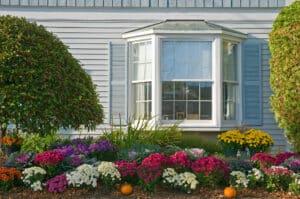 Autumn flowers (mums) and landscaping outside of a house with a large bay window. Fall Garden Planting in Oklahoma - River Bottom Nursery